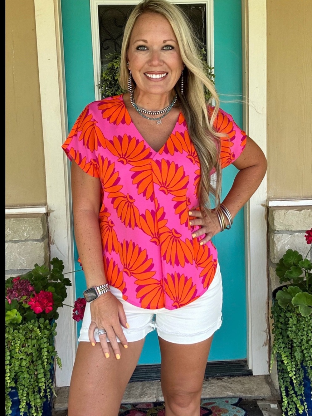 JODIFL Pink Floral V-Neck Top with Orange Bloom Print NWT